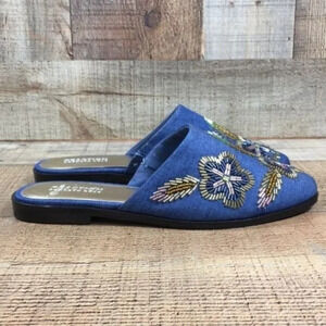 Kenneth Cole Reaction Blue Speed Floral Flats Mules Womens 6M Beaded Embellished